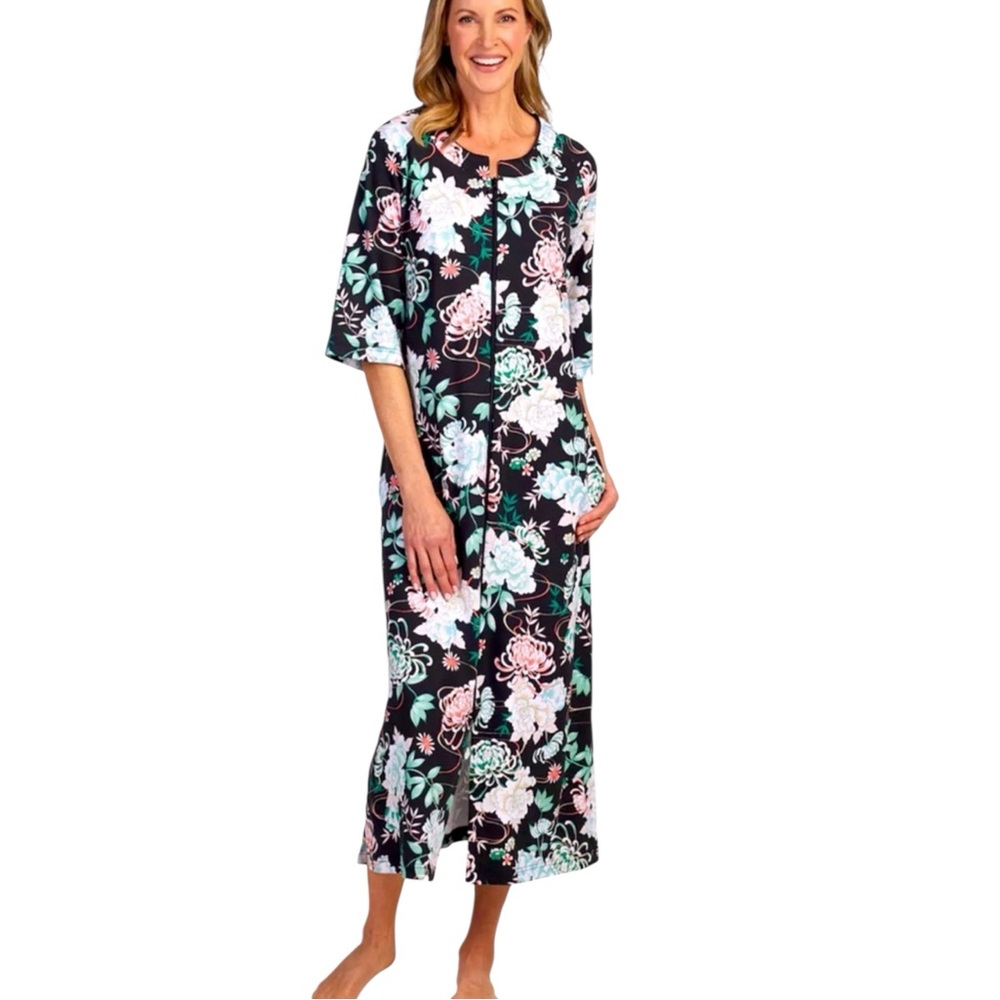 NWT‎ Miss Elaine Women’s Interlock Knit Long Floral Zip Front Robe House Dress